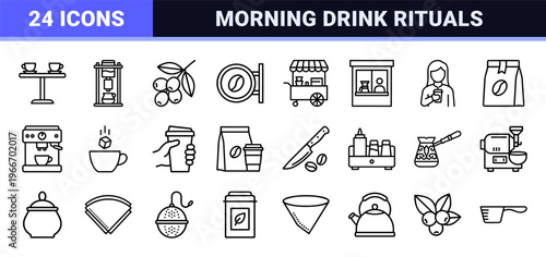 Coffee and Tea Culture Minimalist Geometric Line Art Set for Beverage Service Branding and Professional Café Interface Design