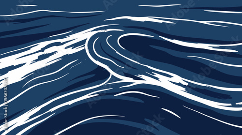 Abstract ocean waves illustration in blue tones with flowing white foam lines, a dynamic nautical seascape design