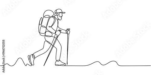Single continuous line drawing direction pointer hiker man backpacks hiking traveling and tourism. Trekking wild nature recreation and sport backpacking trip. one line Icon drawing.
