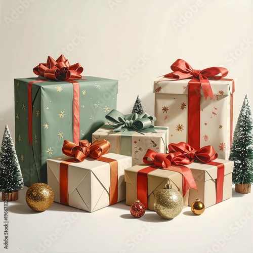 A festive arrangement of elegantly wrapped gifts with trees