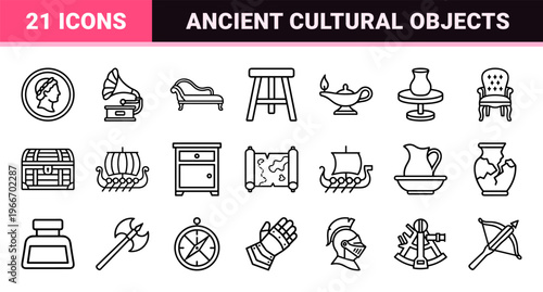 Antique Museum Collectibles and Historic Artifacts Monoline Vector Outline Set for Curated Gallery Design and Archival Research