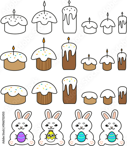 Versatile collection featuring various sizes of cute cartoon Easter bread (colored and outline), lit candles, adorable bunnies, and colorful eggs, all designed as separate editable icons. Perfect for 