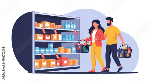 Couple Browsing Store Shelves With Shopping Basket, Selecting Products and Checking For Sales