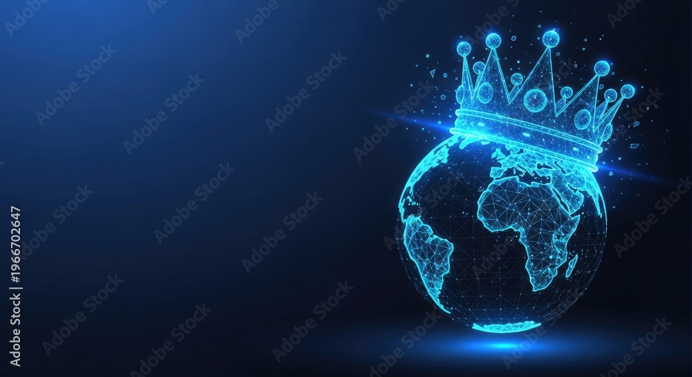 Obraz premium A glowing polygonal Earth wearing a crown is positioned on the right side of a dark blue background.