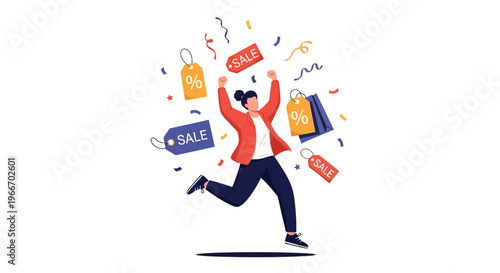 Woman joyfully celebrates a big sale with shopping bags and discount tags