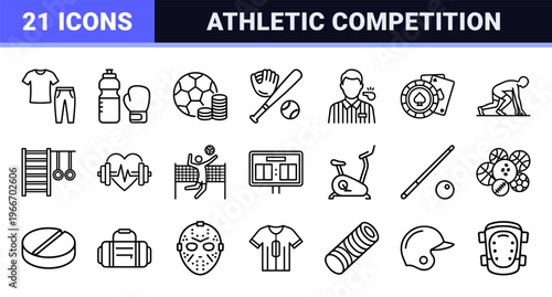 Professional Sports Competition and Athletic Equipment Minimalist Monoline Icon Set featuring Geometric Line Art Symbols for Fitness