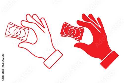 Paying Cash Hand Vector Icon Set, Minimal Outline and Solid Black Dollar Bill Banknote Illustrations for Financial Investments, Business Payments, and Banking Web UI. Financial Planning , Budget Cuts.