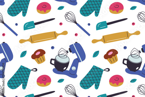 Baking tools seamless pattern with mixer, rolling pin, whisk, silicone spatulas, muffin and donut. Pastry and confectionery kitchen equipment, home cooking flat cartoon vector illustration