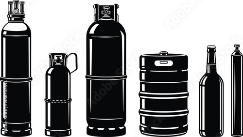 Gas cylinders and beer keg silhouettes set, propane tank oxygen bottle industrial containers vector illustration isolated equipment icons collection