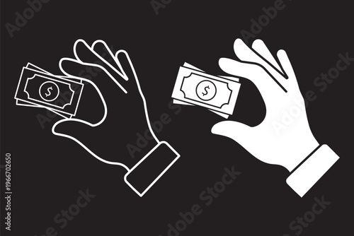 Hand Giving Money Vector Icon Set, Black Line Art and Solid Silhouette Dollar Bill Illustrations for Salary, Financial Transactions, Charity Donations, and Mobile App UI. Two-Tone Blue Vector Assets