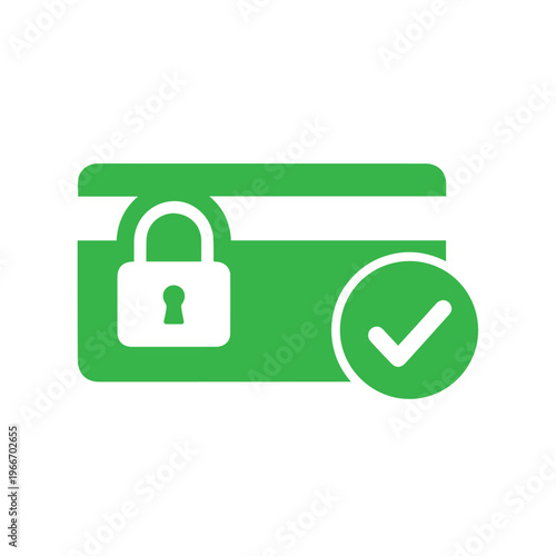 Green payment card graphic features a padlock overlaying the chip area beside a white affirmative checkmark circle.