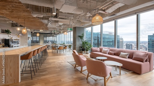Modern office lounge with city view with coworking space relaxation zone.