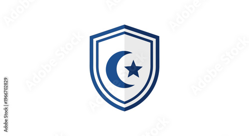 Blue shield with a white crescent moon and star, symbolizing protection and Islamic faith, on an isolated white background.