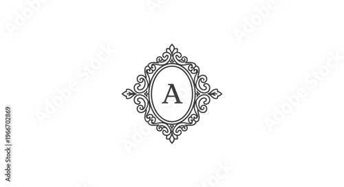 Elegant ornate frame with the letter A, designed as a classic monogram or logo element, on an isolated white background.