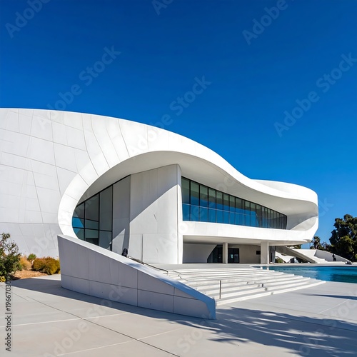A modern white building with a wavy roof and large windows