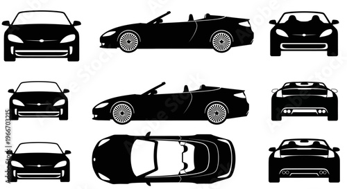 Black Convertible Sports Car Silhouettes: Front, Side, Rear, Top Views