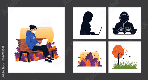 Person working on laptop with fall theme digital art silhouette on transparent background