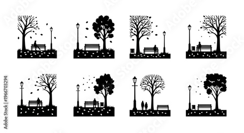 Park scenes with trees benches and people on transparent background silhouette