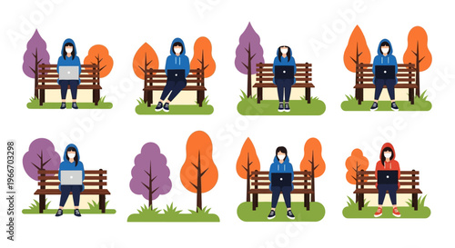 People working remotely on laptops in autumn a digital silhouette on transparent background