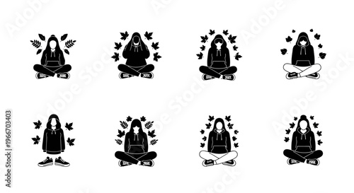 Meditating figures surrounded by leaves a repeated pattern on transparent background silhouette