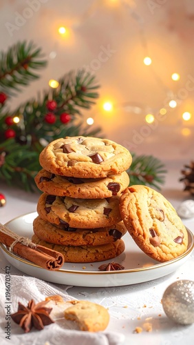 A plate stacked with chocolate chip cookies on a festive table
