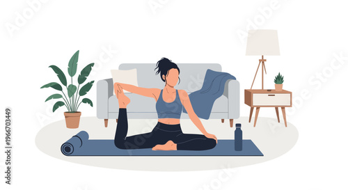 Fit woman in sportswear performing yoga pose on mat in living room with sofa and plant