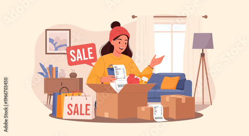 Happy woman unboxing a delivery package with sale bags in a cozy room