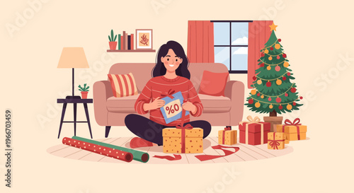 Joyful woman wrapping a Christmas gift in a cozy room with a decorated tree