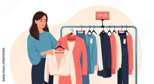 A woman carefully compares fashionable clothing items on hangers in a boutique during a sale
