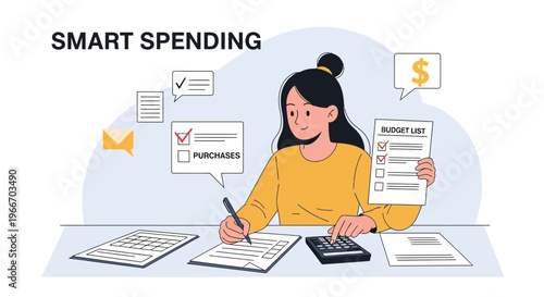 Young woman actively managing her budget and expenses on a list with a calculator and pen