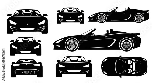 Black Convertible Sports Car Silhouettes: Multiple Views