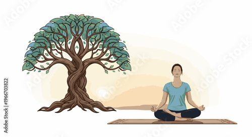 Woman meditating peacefully by a large tree at sunrise