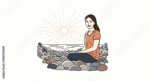 Woman meditating on a rocky shore with sun and sea in background