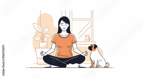 Woman meditating in lotus pose indoors with dog by her side