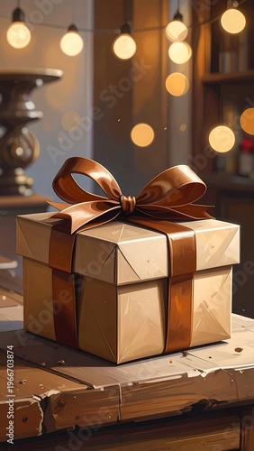 A gift box with a brown ribbon on a wooden table indoors