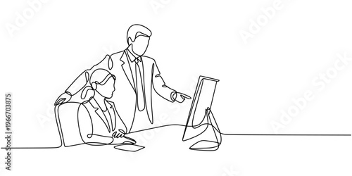 One continuous line drawing of man instructing woman on work place. Business people activity in simple continuous line style concept design vector.