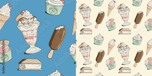 Cute hand-drawn ice cream pattern with cones, sundaes, and popsicles in pastel style. Seamless and playful background perfect for summer, food themes, and packaging design.