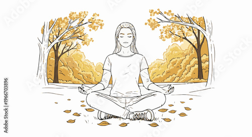 Woman meditating in a park with autumn foliage and fallen leaves