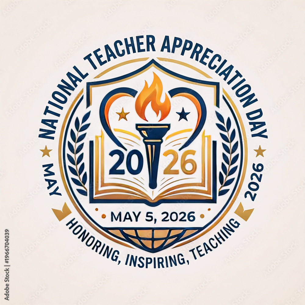 Fototapeta premium National Teacher Appreciation Day 2026 Logo with Book and Torch Symbol