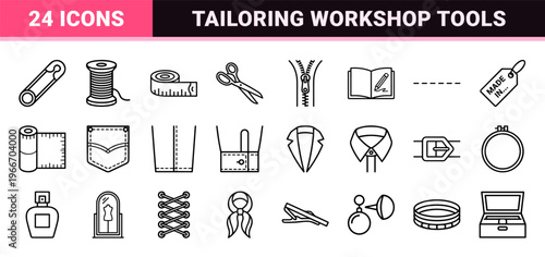 Professional Fashion Design and Tailoring Equipment Monoline Outline Symbols Featuring Apparel Construction Tools and Luxury Style Elements