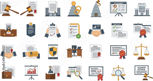 Corporate Law and Business Agreement Icon Set with Legal Documents Contract Signing Court Gavel Business Deal Certificate Award and Law Office Elements.