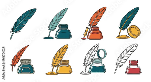 Collection of colorful quill pens and inkwells in various styles and colors, depicting traditional writing tools.