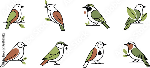 Cute small bird illustration set with colorful woodland birds perched on branches in simple flat cartoon style isolated on white background