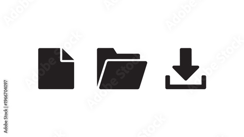 File management icons document folder download symbols black minimalist set isolated on transparent background