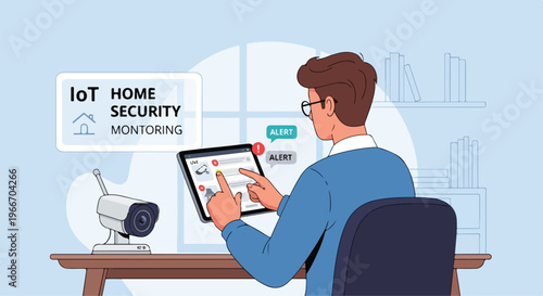Flat vector illustration of a man monitoring an IoT smart home security system on a digital tablet with live surveillance camera feeds and real-time alert notifications on screen.
