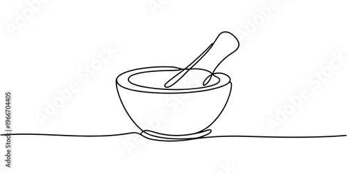Mortar with pestle one line continuous drawing. Kitchen tools continuous one line illustration. Vector minimalist linear illustration, Single continuous line drawing mortar and pestle vintage.