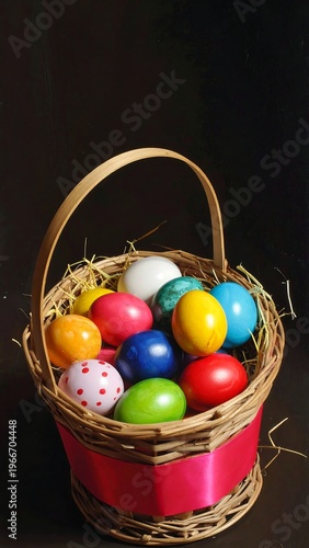 A wicker basket filled with colorful Easter eggs (1)