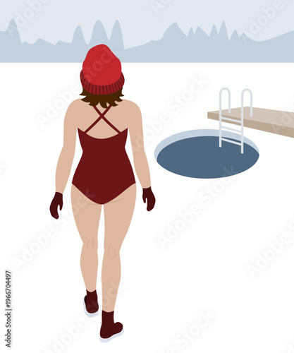 Woman in swimwear walking towards a hole in the ice. Winter swimming.