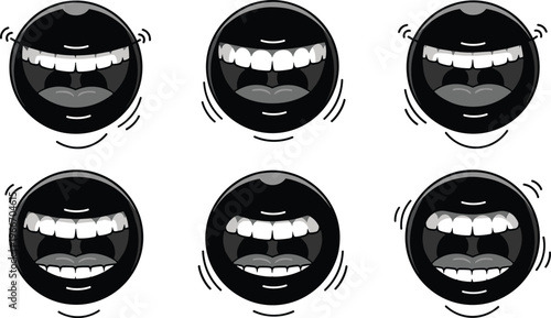 Laughing mouth set, smiling lips teeth expressions, comic face icons, speech emotion symbols, cartoon 