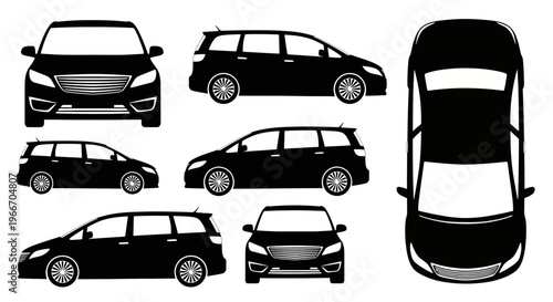 Black Silhouette Car Icons: Multiple Views of Minivan and Sedan